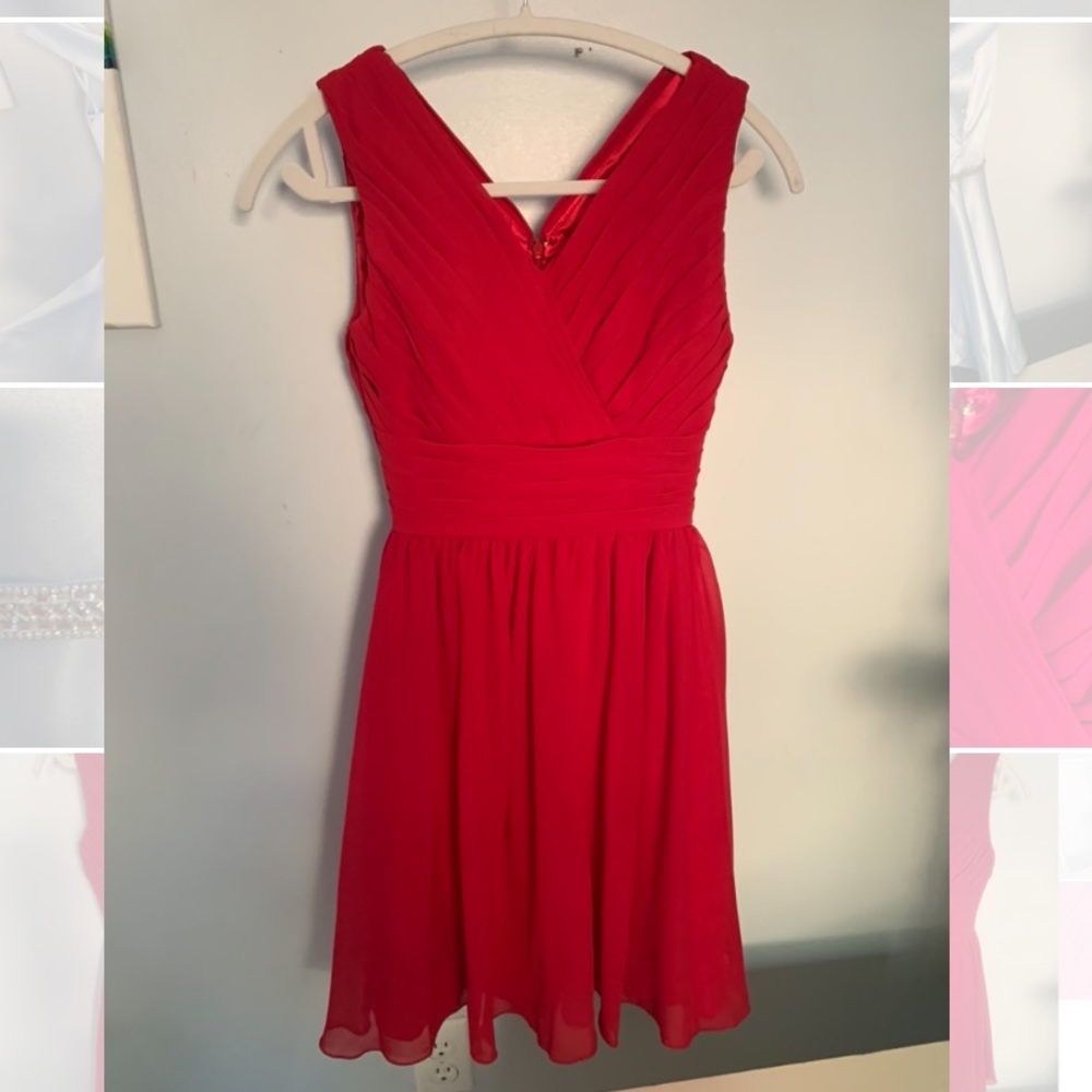 Georgette red short sleeveless knee length dress